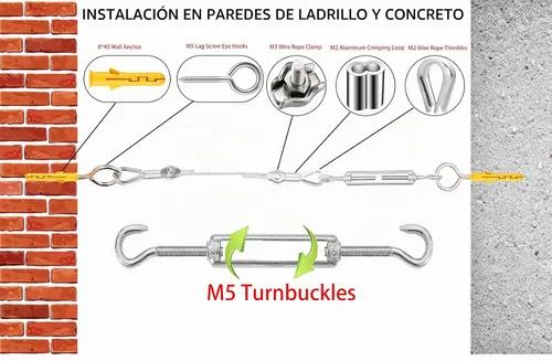 Vista 3 de 1/8" de cable de alambre, tensores para cables de alambre, cable de acero inoxidable 304, kit de tensor M5, tensor de cable de alambre