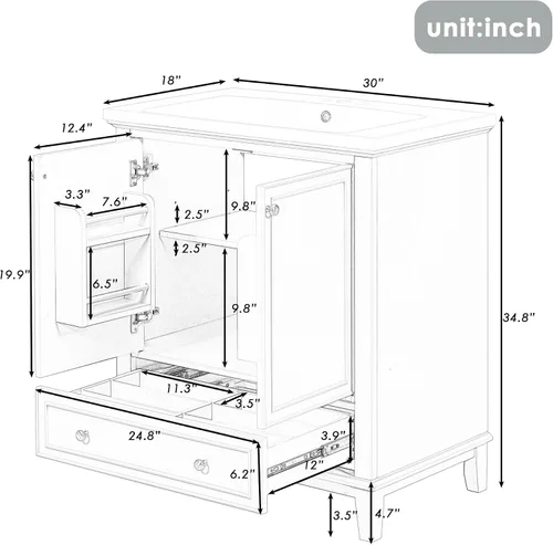 Vista 2 de Armario de tocador de baño de 30 pulgadas con juego de encimera de cerámica para fregadero, cajones multifuncionales y estante de almacenamiento