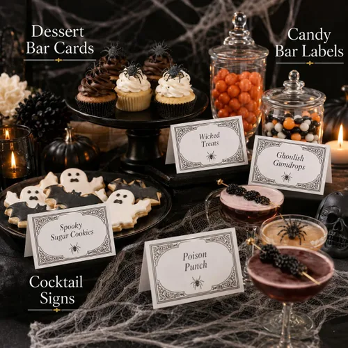Vista 2 de Andaz Press Tarjetas de lugar con nombre de Halloween para colocar la mesa, etiquetas de alimentos en blanco para tarjetas de bufé de fiesta
