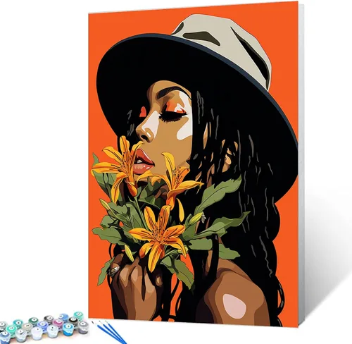 Vista 30 de Pintura por Números Afroamericana DIY Pintura Acrílica Kit de Pintura por Números para Niños Adultos Principiantes Chica Negra de Moda DIY Pintura