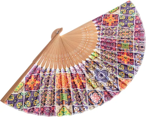 Vista 6 de Abanico de mano de bambú Salutto con patrón impreso, abanico plegable para regalo de fiesta de boda, azulejo vidriado