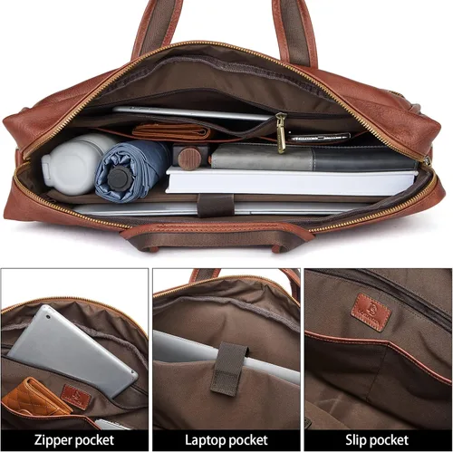 Vista 5 de BOSTANTEN Maletín para hombre de 17 pulgadas, bolsa para laptop e imagen del producto, carteras de cuero genuino para hombres, billetera plegable