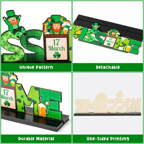 Vista 3 de WATINC 4 piezas de decoración de mesa de madera del día de San Patricio, decoración de centro de mesa de madera de trébol, bandeja escalonada