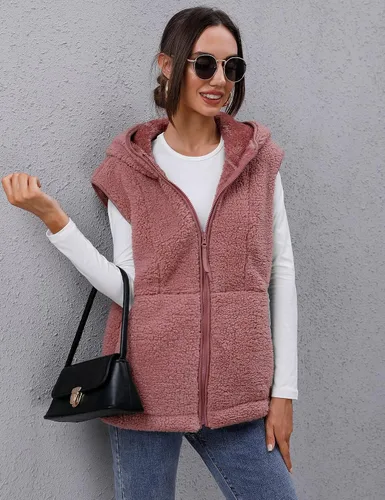 Vista 4 de TFSDOD Chaleco de forro polar sherpa para mujer, acogedor, sin mangas, con bolsillo, chaleco con capucha y cremallera para mujer