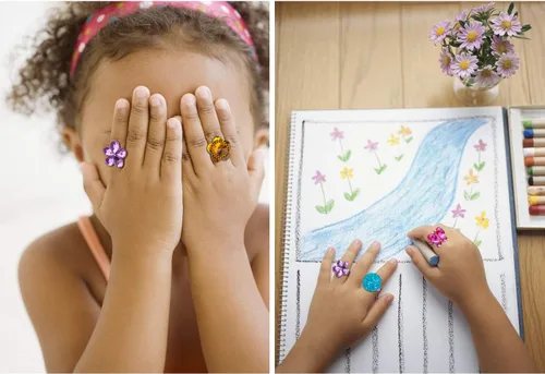 Vista 7 de Hifot 24 anillos ajustables de cristal para niñas, anillos de dedo de joyería de princesa con caja en forma de corazón, anillos de simulación