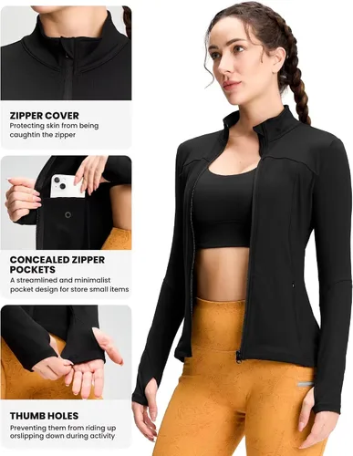 Vista 4 de QUEENIEKE Chaquetas de correr para mujer con cremallera, chaquetas atléticas ajustadas para entrenamiento, gimnasio, yoga, pista, con bolsillos