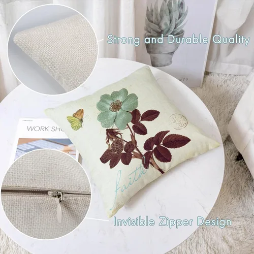 Vista 6 de Juego de 4 fundas de almohada decorativas con diseño floral, fundas de almohada lumbares de algodón y lino con hojas de loto, fundas de almohada