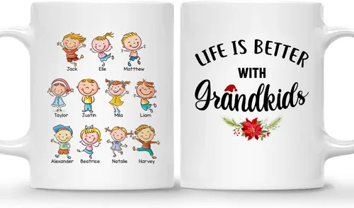 Vista 29 de Gossby Taza personalizada – GRANDKIDS MAKE LIFE MORE GRAND (1 niño) – Taza de café de cerámica de 11 onzas y 15 onzas para abuelos/abuelos – Idea