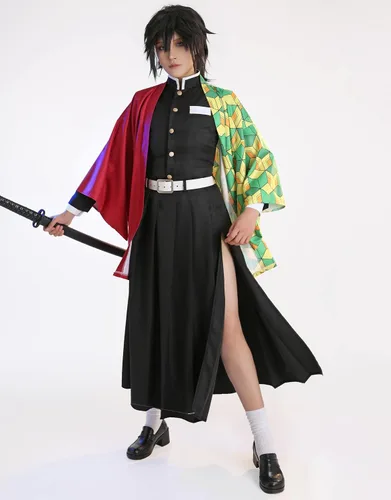 Vista 3 de Miccostumes Conjunto de uniforme de kimono para mujer y falda larga con abrigo y cinturón
