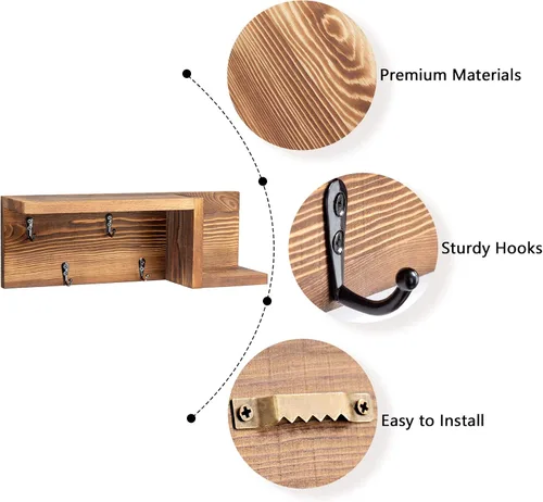 Vista 6 de AKKO Soporte de madera para llaves decorativo de pared, organizador de correo y llaves con 4 ganchos para llaves y estante flotante en forma de "Z