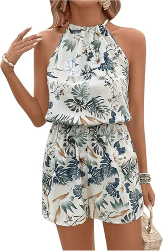 Vista 12 de SweatyRocks - Enterizo de una pieza con estampado integral, sin mangas, con cuello halter y bolsillo, de cintura alta para mujer Azul