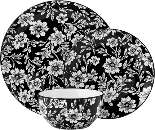 Vista 2 de Pfaltzgraff Midnight Blooms - Juego de vajilla de gres floral de 12 piezas, plato, tazón y recipiente, servicio para 4, negro