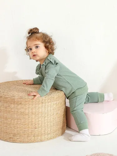 Vista 6 de Conjunto de ropa de 2 piezas para niña con diseño de corazón texturizado con volantes, sin botones de manga larga y lazo frontal