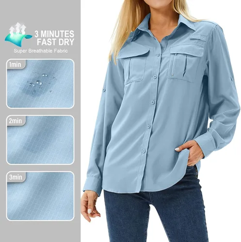Vista 7 de Camisas de protección solar de manga larga UPF 50 para mujer, safari, pesca, senderismo
