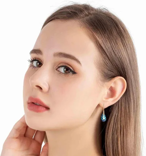 Vista 2 de Aretes colgantes en forma de lágrima de cristal austriaco para mujer, aretes con gancho chapados en oro rosa de 14 quilates, joyería hipoalergénica