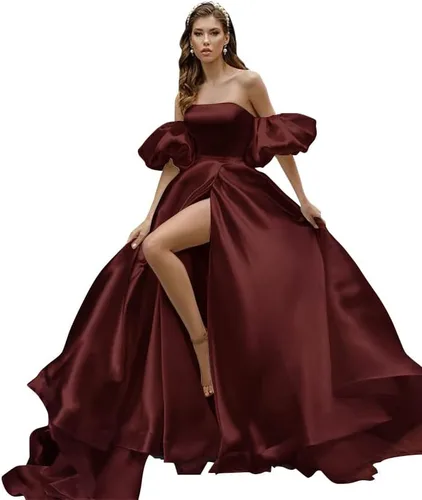 Vista 4 de Fanciest Vestidos de fiesta de satén de manga hinchada 2024 con abertura, vestidos largos de baile para mujer, vestidos de noche formales