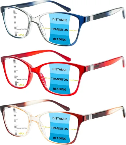 Vista 8 de 3 Pack Progressive Multifocus Reading Glasses Blue Light Blocking Multifocal Readers for Women Men with Spring Hinge