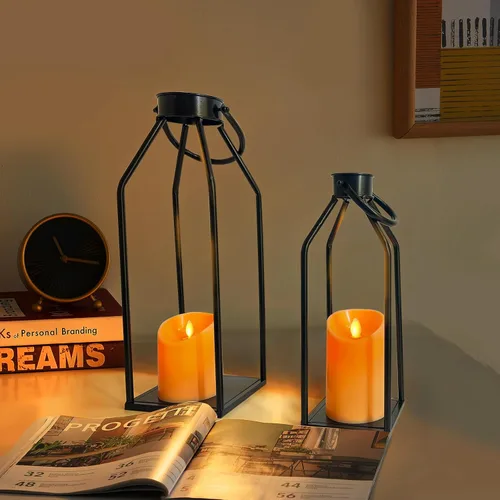 Vista 9 de Faroles de vela decorativos para interiores – Moderno farol de granja para decoración del hogar – 2 linternas de metal negro, velas parpadeantes