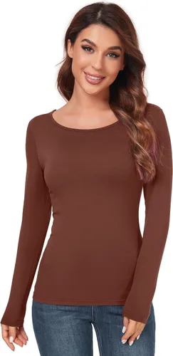 Vista 15 de AUHEGN - Camiseta de manga larga para mujer, cuello en halter, ajuste slim, blusa térmica de capas básicas Verde militar