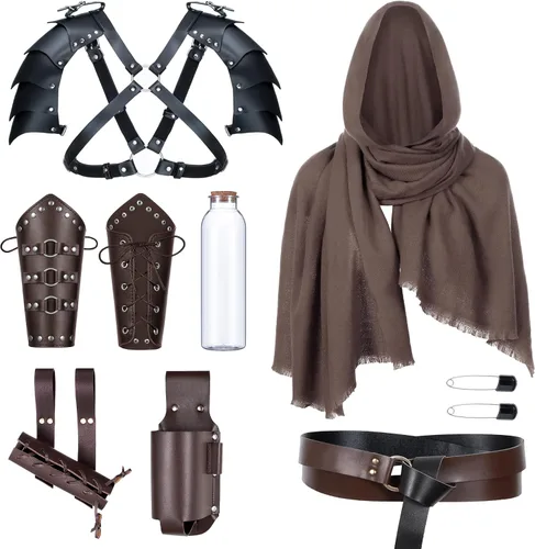 Vista 18 de Cinturón de cuero de caballero medieval para hombre, chal renacentista, capa de medio hombro, bufanda, brazaletes con hebilla, accesorios retro