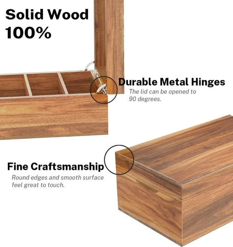 Vista 2 de Neando Organizador de tarjetas de índice de 5 x 8 con tapa, caja de almacenamiento de madera de acacia extragrande con 4 compartimentos, 20 pestañas