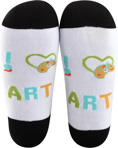 Vista 2 de MBMSO Calcetines de artista de pintura, 2 pares de calcetines con texto en inglés "I Love Art", regalo para amantes del arte, profesores