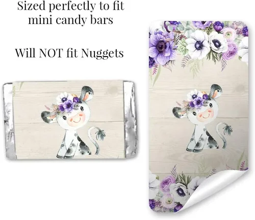 Vista 5 de Amanda Creation Acuarela Purple Cow Baby Shower Baby Shower Mini Chocolate Candy Bar Wrappers Wrappers Envoltura de 45 etiquetas envolventes de 1.4