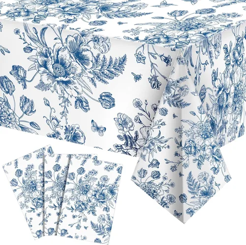 Vista 9 de Tiamon 1 mantel de plástico floral azul de 54 x 108 pulgadas, mantel rectangular vintage desechable con flores azules azul marino y blanco