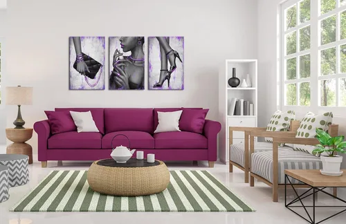 Vista 2 de Kalormore Cuadro de moda púrpura para dormitorio de niña, glamour, elegante, afroamericana, mujer negra con joyería, perfume, zapatos de tacón alto