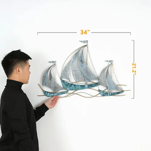 Vista 5 de AUQMTAIN Decoración de pared de barco náutico de 34 pulgadas, esculturas de pared de barco náutico 3D, velero costero hecho a mano para el hogar