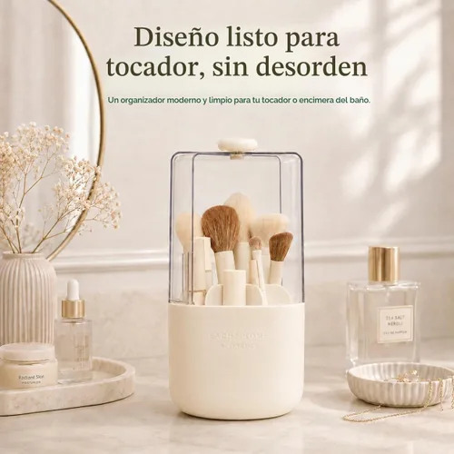 Vista 6 de EACHY Soporte para brochas de maquillaje giratorio de 360° con tapa a prueba de polvo, material impermeable, 7 compartimentos para almacenamiento