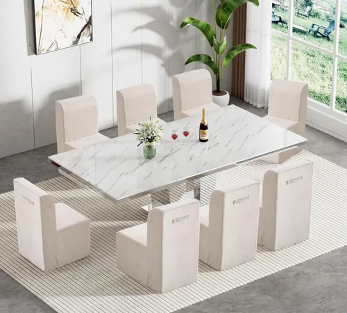 Vista 14 de Juego de mesa de comedor extensible marrón de 9 piezas para 8, 63 a 78.74 pulgadas, juego de mesa de cocina y comedor, mesa de comedor extensible