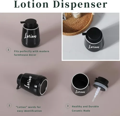 Vista 2 de Dispensador de loción de jabón de cerámica, dispensador de jabón de manos (negro, loción etiquetada)
