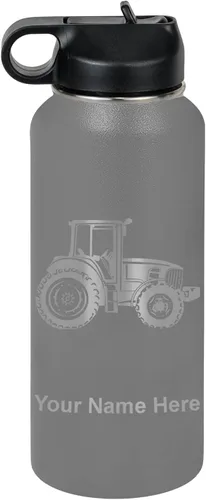 Vista 55 de LaserGram Botella de agua personalizada, tractor agrícola, acero inoxidable de doble pared aislada al vacío con popote superior, regalo grabado