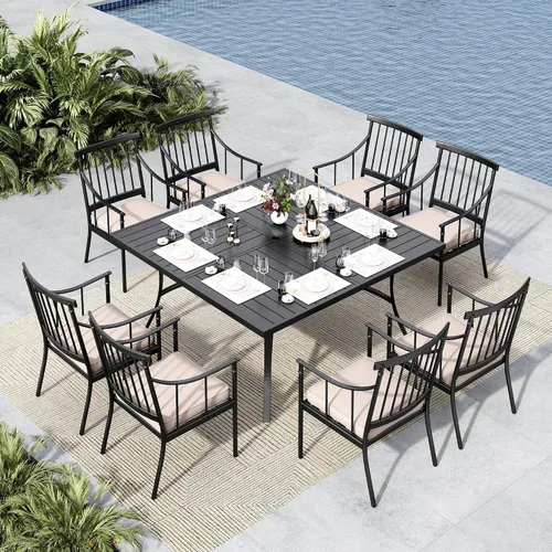 Vista 16 de MFSTUDIO Juego de comedor de 5 piezas de metal para patio, juego de muebles para exteriores con 1 mesa cuadrada de madera y 6 sillas de respaldo