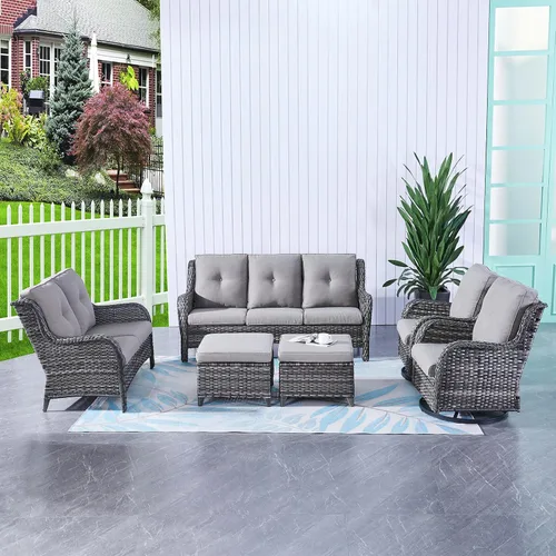 Vista 129 de HUMMUH Juego de 2 Sillas Giratorias Mecedoras de Mimbre para Patio Exterior, Juego de Muebles de Sillas Mecedoras de Ratán (Marrón, Azul) 50,000