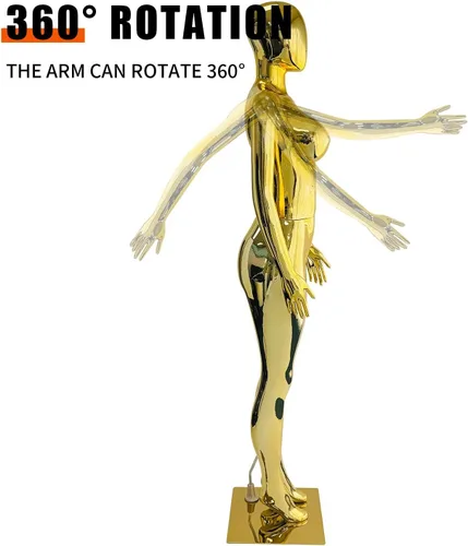 Vista 6 de Maniquí femenino de cuerpo completo dorado brillante de 70.8 pulgadas, maniquí de exhibición de estilo brasileño con brazos ajustables, base