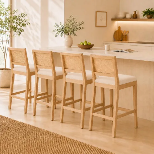 Vista 11 de Juego de 2 taburetes de bar de altura de mostrador, sillas de isla de cocina con respaldo de caña beige, taburetes de bar de ratán con respaldo