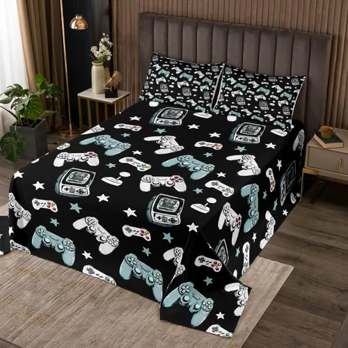 Vista 2 de Castle Fairy Gamepad Bedspread Quilt,Video Gaming Black Bedding Coverlet for All Season Bedroom,Kids Games Consoles Twin Size Coverlet Set with 1
