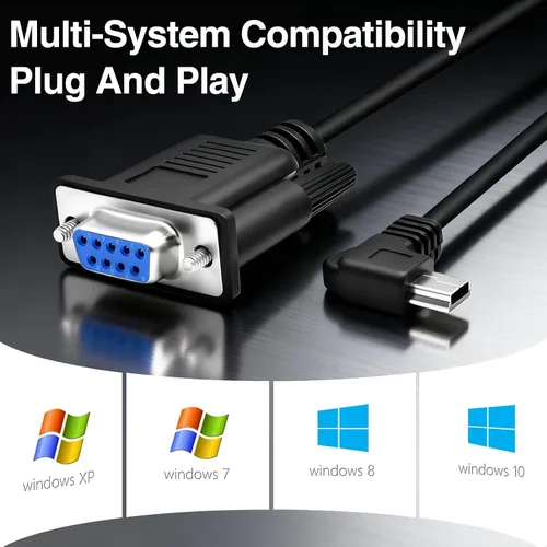 Vista 3 de Adaptador mini USB a serie RS232, giro a la derecha, mini USB de 5 pines macho a DB9 pin hembra, cable convertidor para varios dispositivos serie
