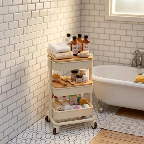 Vista 6 de LOGOFUN Carrito de casa de muñecas en miniatura, carrito de compras, estante de almacenamiento de 3 capas con ruedas para decoración de muebles