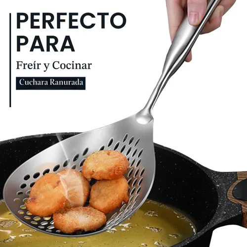 Vista 7 de KAYCROWN Cucharón Espumador con Ranuras, Cucharón Espumador de Acero Inoxidable 304, Colador de Araña para Cocinar y Freír, Colador de Pasta