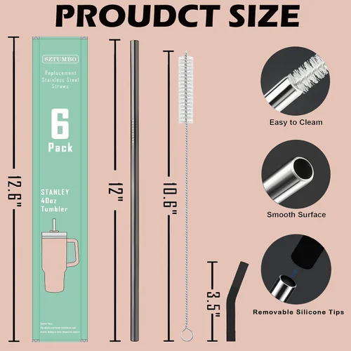 Vista 2 de 6 popotes rectos reutilizables de acero inoxidable de 12 pulgadas, con 6 puntas flexibles de silicona y 2 cepillos de limpieza, para vaso Stanley