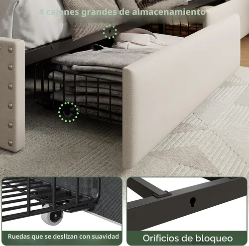 Vista 7 de Forestell Base de cama Queen con 4 cajones y cabecera de almacenamiento, base de cama tapizada tamaño Queen con luces LED y estación de carga Beige