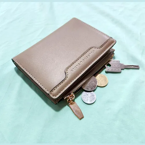 Vista 4 de Cartera de piel con bloqueo RFID, plegable, compacta, tarjetero para mujer, con cremallera y bolsillo para monedas con ventana de identificación