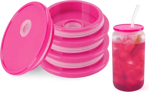 Vista 10 de Joyclub Paquete de 4 tapas acrílicas para vasos de vidrio de 16 onzas con tapas de bambú y pajitas, vasos reutilizables para café helado, vasos