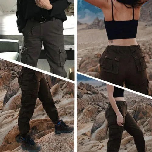 Vista 8 de Pantalones cargo de trabajo para mujer, de algodón, con 8 bolsillos, informal, estilo de combate militar
