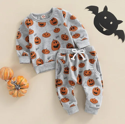 Vista 2 de Sudadera de calabaza para bebé niño y niña, mi primer disfraz de Halloween, camiseta + pantalones largos con cordón para recién nacido, Halloween, 2