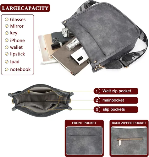 Vista 3 de HKCLUF Bolso cruzado para mujer, 2 piezas de cuero Hobo bolso con 2 correas ajustables de leopardo para guitarra
