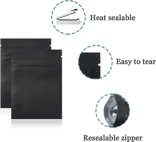 Vista 5 de PABCK 100 bolsas de Mylar negras resellables de 2.76 x 3.94 pulgadas, bolsa de almacenamiento de alimentos, bolsas planas de semillas de especias